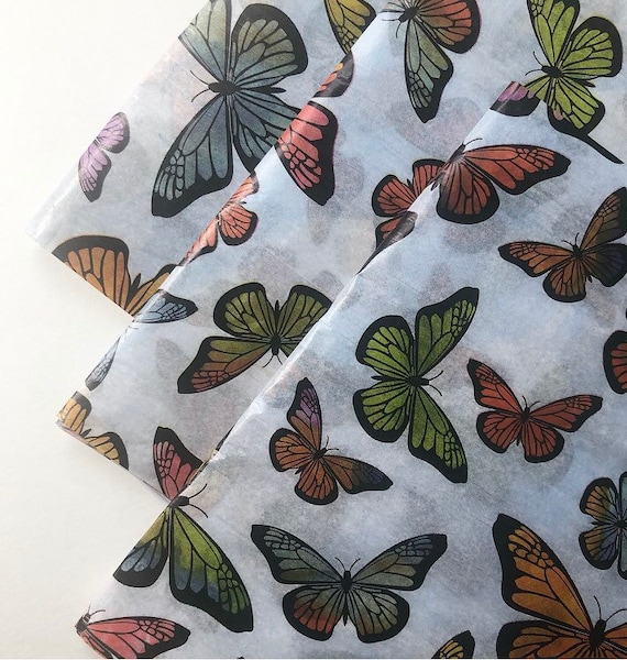 BUTTERFLIES tissue paper sheets / gift present wrapping craft supply retail store packaging nature insects bright rainbow monarch butterfly Il_570xn