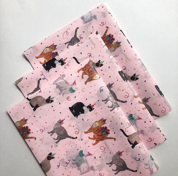 PARTY CATS tissue paper sheets / gift present wrapping craft supply retail store packaging cats kitties cat lady mom dad birthday theme pink Il_570xn