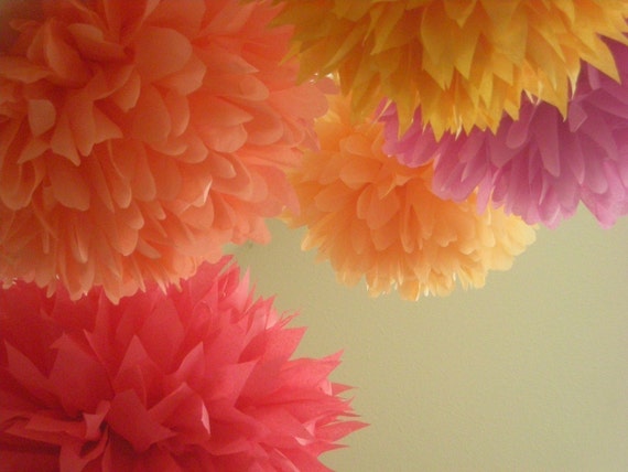 PUNCH 5 tissue paper pompoms wedding decorations girl first birthday party Hawaiian tropical tiki fiesta luau theme pink coral orange peach Il_570xn