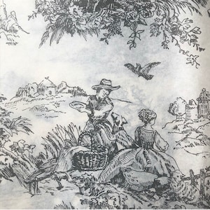 May include: Black and white toile fabric featuring a pastoral scene. The design includes figures, a dog, birds, and a basket, set against a backdrop of foliage and buildings. The overall aesthetic is reminiscent of classic country life.