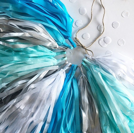 BLUE AQUA SILVER tassel garland first birthday cinderella sparkle glitter high chair decorations baby bridal shower bat mitzvah hanukkah Il_570xn