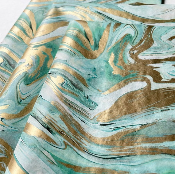 MINT & GOLD MARBLE tissue paper sheets / gift present wrapping craft supply retail store packaging diy fancy shiny swirl agate marbled Il_570xn