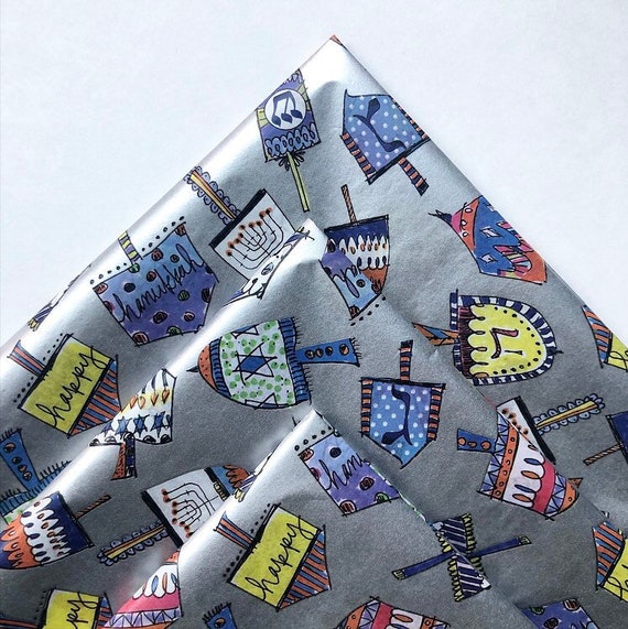 DREIDEL FUN tissue paper sheets / gift present wrapping craft supply retail store packaging holiday party Hanukkah Chanukah blue silver Il_570xn