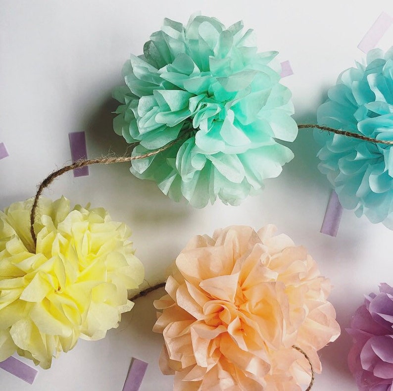 PASTELS mini pompom garland girl baby bridal shower photo prop first birthday party decorations pastel pink mint peach unicorn rainbow theme