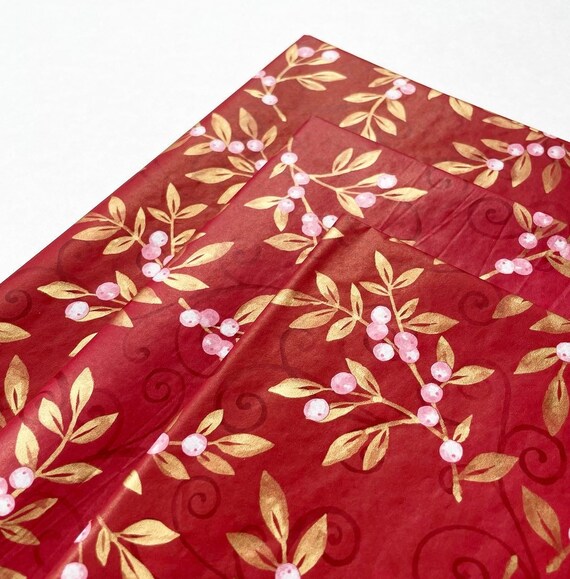 HOLLY SPRIG tissue paper sheets gift present wrapping craft supply retail store packaging holiday party Christmas Xmas theme red gold Il_570xn