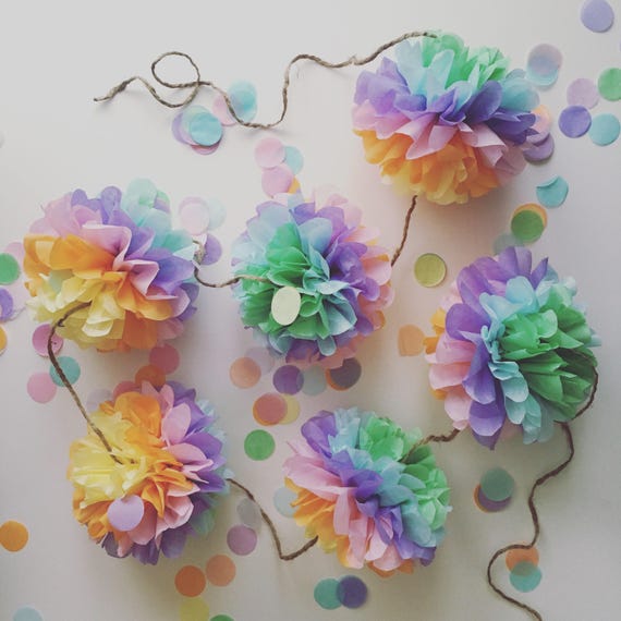 UNICORN PARTY mini PomPom Garland tissue paper decorations first birthday baby shower pastel rainbow peach mint pink girl sweet 16 sixteen Il_570xn