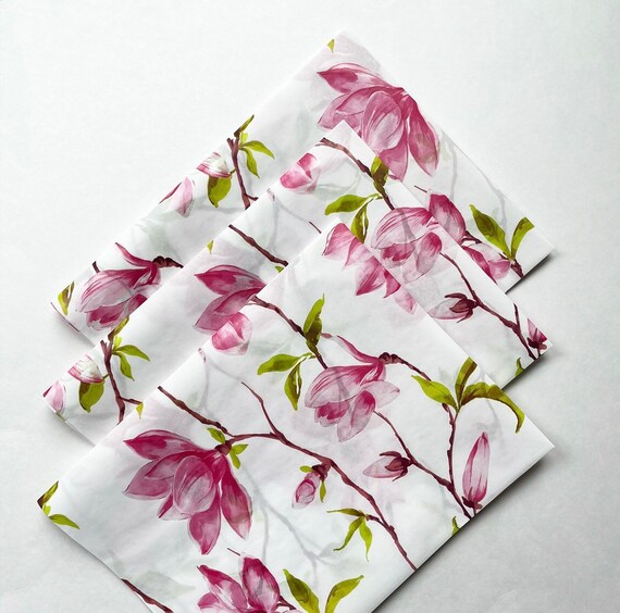 MAGNOLIA tissue paper sheets gift present wrapping craft supply retail store packaging diy Flowers floral blossoms nature branch white pink Il_570xn