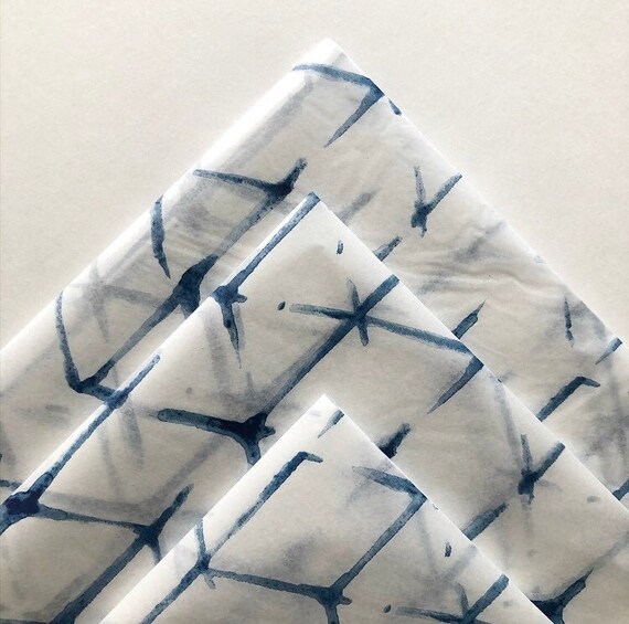 SHIBORI tissue paper sheets / gift present wrapping craft supply retail store packaging Japanese art print blue white tie dye pattern boho Il_570xn