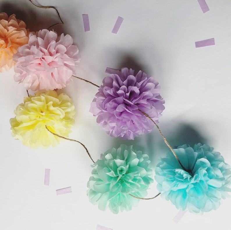 PASTELS mini pompom garland girl baby bridal shower photo prop first birthday party decorations pastel pink mint peach unicorn rainbow theme