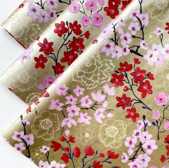 SAKURA tissue paper sheets gift present wrapping craft supply retail store packaging Flowers floral gold red Chinese New Year Asian theme Il_570xn