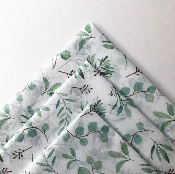 EUCALYPTUS SPRIG tissue paper sheets / gift present wrapping craft supply retail store packaging diy leaves green white plants vintage Il_570xn
