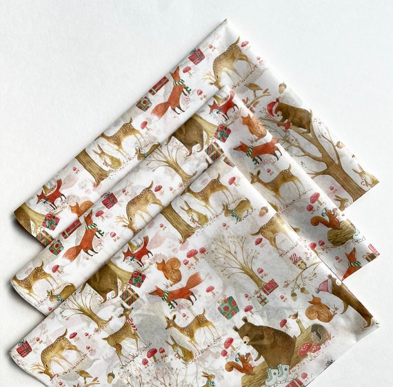 WOODLAND HOLIDAY tissue paper sheets / gift present wrapping craft supply retail store packaging fox bear deer mushroom forest woods theme Il_570xn