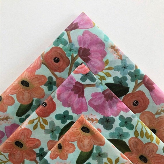 JUNE FLORAL tissue paper sheets / gift present wrapping craft supply retail store packaging diy Flowers botanical plants blue pink rifle co Il_570xn