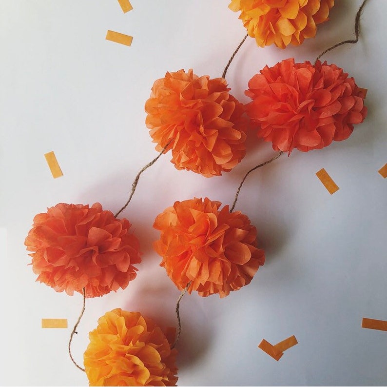 ORANGE POP Pompom Garland Marigold Paper Flowers Decoration Etsy