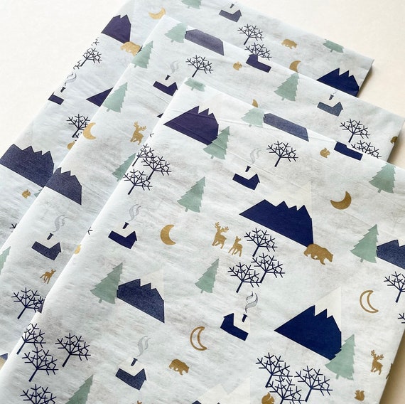 ALPINE HOLIDAY 182 Tissue Sheets present wrap craft supply retail packaging holiday Navy blue woodland wildlife trees mountains Christmas