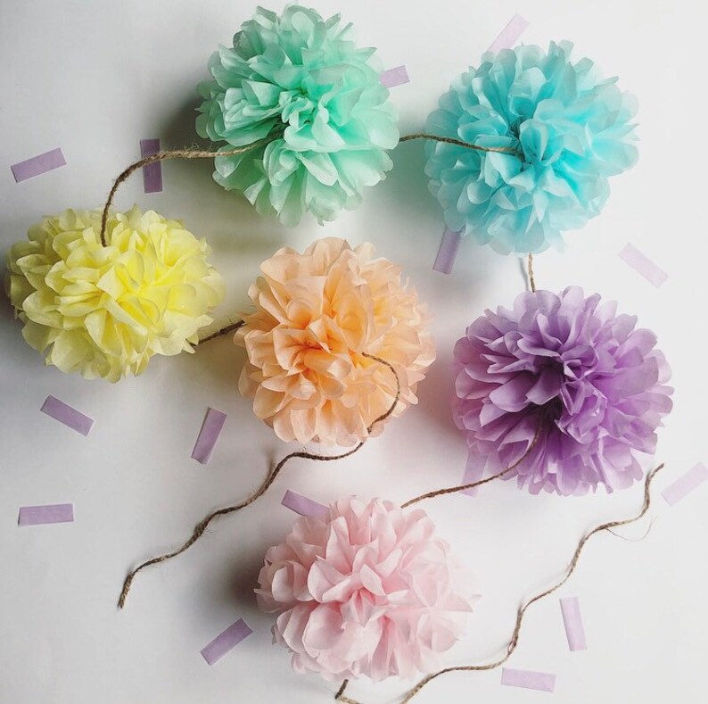 PASTELS mini pompom garland girl baby bridal shower photo prop first birthday party decorations pastel pink mint peach unicorn rainbow theme