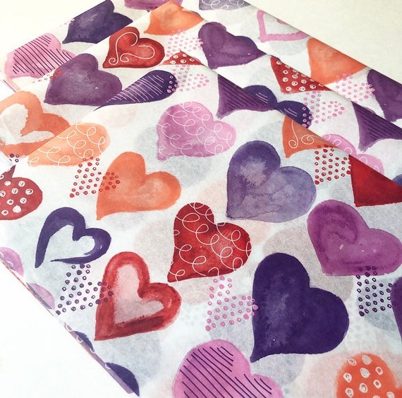 WATERCOLOR HEARTS tissue paper sheets / gift present wrapping craft supply retail store packaging pink purple Valentine’s Day birthday Il_570xn