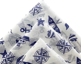 NAUTICAL tissue paper sheets / gift present wrapping craft supply retail store packaging navy blue white anchor sailboat sailing sea theme