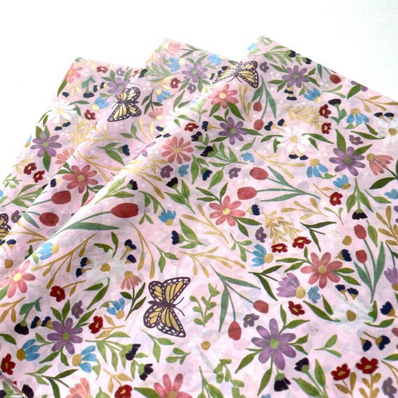 AMARA tissue paper sheets gift present wrapping craft supply retail store packaging nature flowers floral pink green butterflies botanical Il_570xn