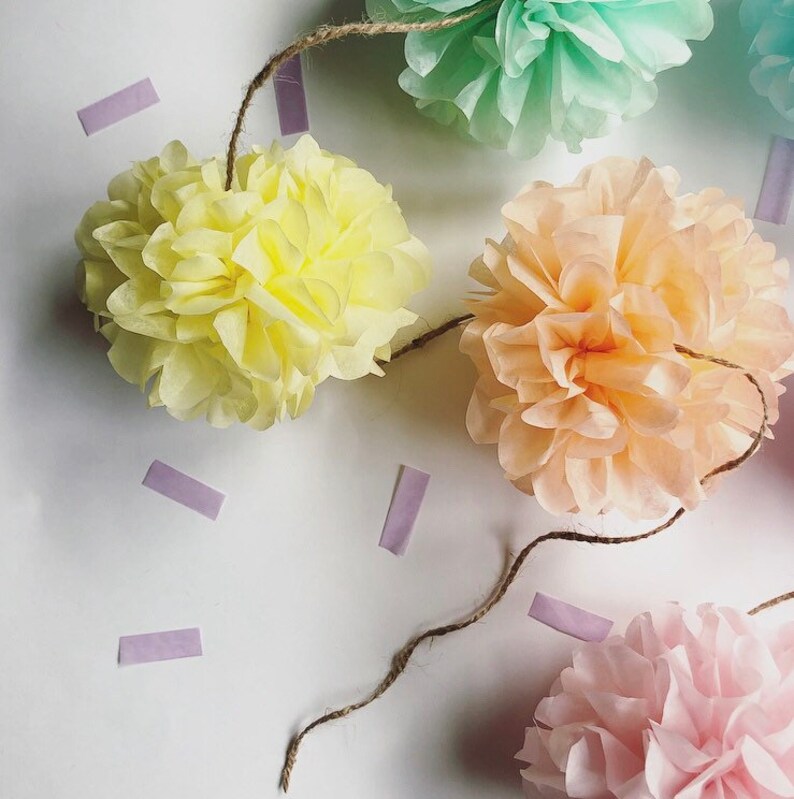 PASTELS mini pompom garland girl baby bridal shower photo prop first birthday party decorations pastel pink mint peach unicorn rainbow theme