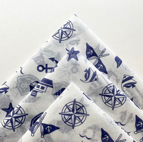 NAUTICAL tissue paper sheets / gift present wrapping craft supply retail store packaging navy blue white anchor sailboat sailing sea theme Il_570xn