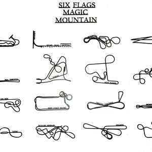May include: A black and white image featuring the Six Flags Magic Mountain logo at the top. Below are 12 black line drawings of roller coaster layouts, each labeled with the coaster's name, such as "Tatsu" and "Goliath".