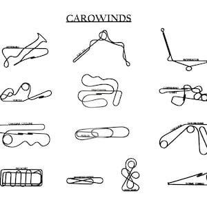 May include: A black and white line drawing of 12 different race track layouts. The names of each track are labeled: Afterburn, Fury 1/2, Interceptor, Vortex, Nighthawk, Cornhead Strike, Carolina Cyclone, Hubris, Goldrush, Ricochet, Woodstock Express, and Flying Cobra.