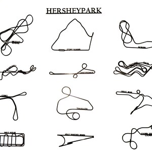 May include: A black and white graphic featuring the word "HERSHEYPARK" above stylized roller coaster track layouts. Each track is labeled with the coaster's name, including "Wildcat", "Storm Runner", and "Skyrush".
