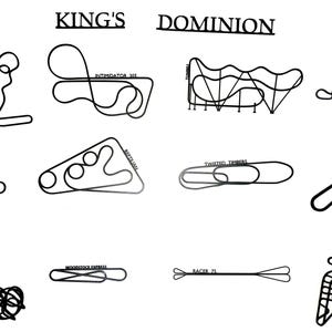 May include: Black line drawings of roller coaster layouts, including "Anaconda," "Intimidator 305," and "Dominator." The text "King's Dominion" is at the top. The image is on a white background.