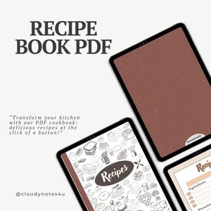 Puede incluir: Libro de recetas digital PDF mostrado en tabletas. La imagen presenta el texto "RECIPE BOOK PDF" y una cita sobre la transformación de tu cocina. Las tabletas muestran ilustraciones de recetas y un diseño de recetas. También son visibles los nombres de usuario @cloudynotes4u y @cloudynotesko.