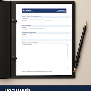 May include: A black leather document holder with a Living Will template and a black pen. The document has the "DocuDash" logo and includes fields for personal information and healthcare directives. The bottom of the image has the text "DocuDash Editable Document & Template Designs."