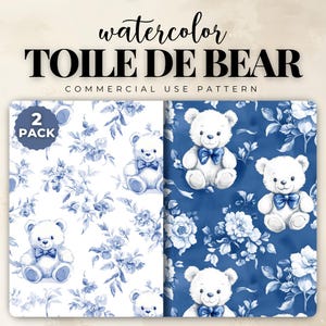 Blue Toile de Jouy Pattern Bears Seamless Digital Paper, Vintage Bear Pattern Pack, Classic French Style Background, Nursery Patterns