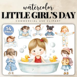Routine quotidienne des enfants aquarelle Clipart, fille du matin au coucher PNG, icônes de calendrier visuel pour tout-petits, graphiques de tableau de routine, Clipart tâche enfant