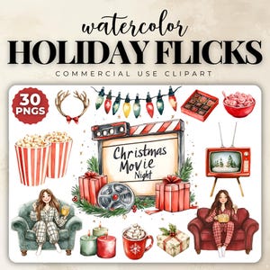Christmas Movie Night Digital Clipart Pack, Cozy Christmas Movie Night, Clipart for Commercial Use, Transparent PNGs, Christmas Home Clipart