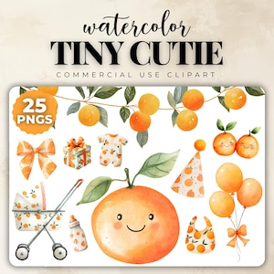A Little Cutie Baby Shower Clipart: Watercolor Orange Graphics (Digital Download)