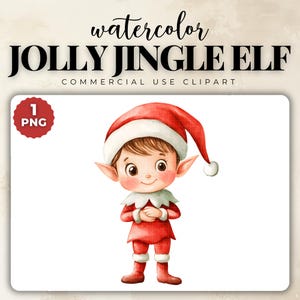 Clipart singolo acquerello di elfo allegro Jingle, clipart di elfo, clipart di elfo di Natale, clipart di elfo carino per uso commerciale, PNG trasparenti