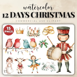 Pacchetto Clipart "12 giorni di Natale", Clipart "12 giorni di Natale", Clipart natalizio ad acquerello, Clipart natalizio, Clipart natalizio, PNG natalizio