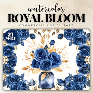 Pack de cliparts roses bleu roi, PNG de haute qualité pour créateurs floraux, graphiques aquarelles pour faire-parts Scrapbooking & artisanat usage Commercial