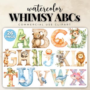 Alfabeto de animales (A-Z), animales con acuarela (ABC), letras infantiles divertidas, letras educativas de animales (PNG), arte mural imprimible con el abecedario.