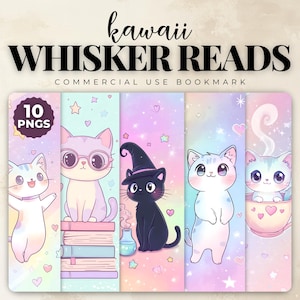 Ensemble de marque-pages chat Kawaii Chibi, marque-pages chat mignon imprimable, téléchargement numérique PNG JPEG, cadeau pastel pour amoureux des chats, marque-page chat Anime DIY