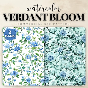 Elegant Green Blue Chinoiserie Seamless Pattern Digital Download, Watercolor Floral Botanical Wallpaper Design, Vintage Nature Fabric Print
