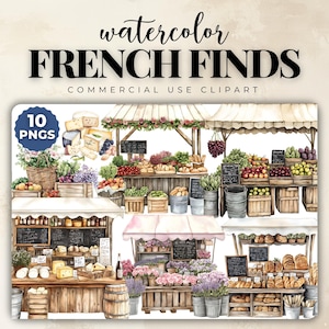 Pack de cliparts aquarelle marché Français, échoppe de marché aux fleurs PNG, sentiment parisien vintage romantique pour cartes d'Invitations Scrapbooking