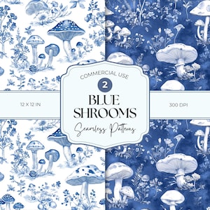 Motivo senza cuciture con funghi in tela blu, design chinoiserie vintage digitale, decorazioni in tessuto stampabili fai da te, download digitale di carta da parati con funghi