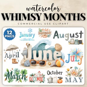 Watercolor Months of the Year Clipart: Seasonal Planner Graphics (Digital Download)