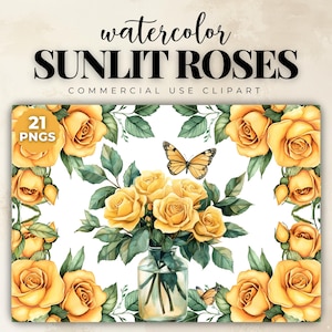 Sunlit Yellow Roses Digital Clipart Pack, Designers High-Quality Floral PNG, Botanical Flower, Commercial Use, Transparent Images for Cards