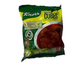 May include: A green and yellow Knorr seasoning cubes package. The package features the text "SEASONING CUBES" and "Taste the Knorr difference." The package also has an image of a bowl of stew and the text "Our Promise."