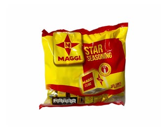 May include: A yellow and red plastic bag of Maggi Star Seasoning cubes. The bag has a red star with the letter M in the center and the words "Maggi" and "Star Seasoning" printed on it. The bag contains 100 cubes and is made in Germany.