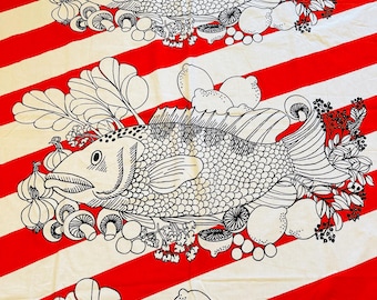 Vintage Tampella Kuha Fabric Panel – Finnish Fish Print, Mid Century Cotton