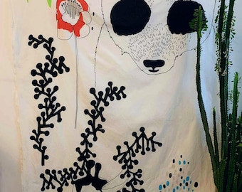 Marimekko "Unessa" (Deep Sleep) Panda fabric, art fabric, cotton, home deco, Finland 55"Wx73.6"L