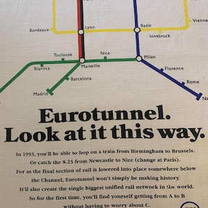 Sammler Eurotunnel Baumwollgeschirrtuch Werbung, die Eurotunnel, 1987 Linen Union, ein seltenes historisches Stück feiert 18 "B x 26" L (46 x 67 cm)